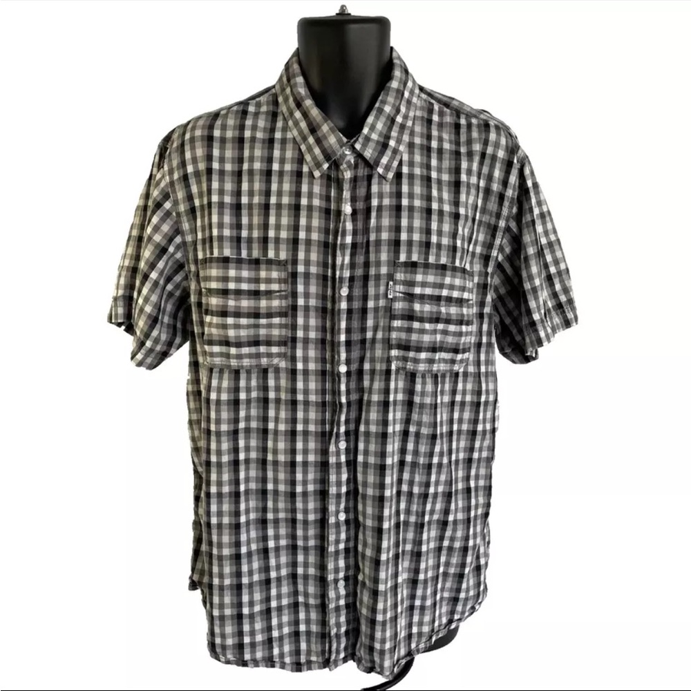 Mens Levi’s Short Sleeve Pearl Snap Shirt Sz XL Black White Check Modern Fit